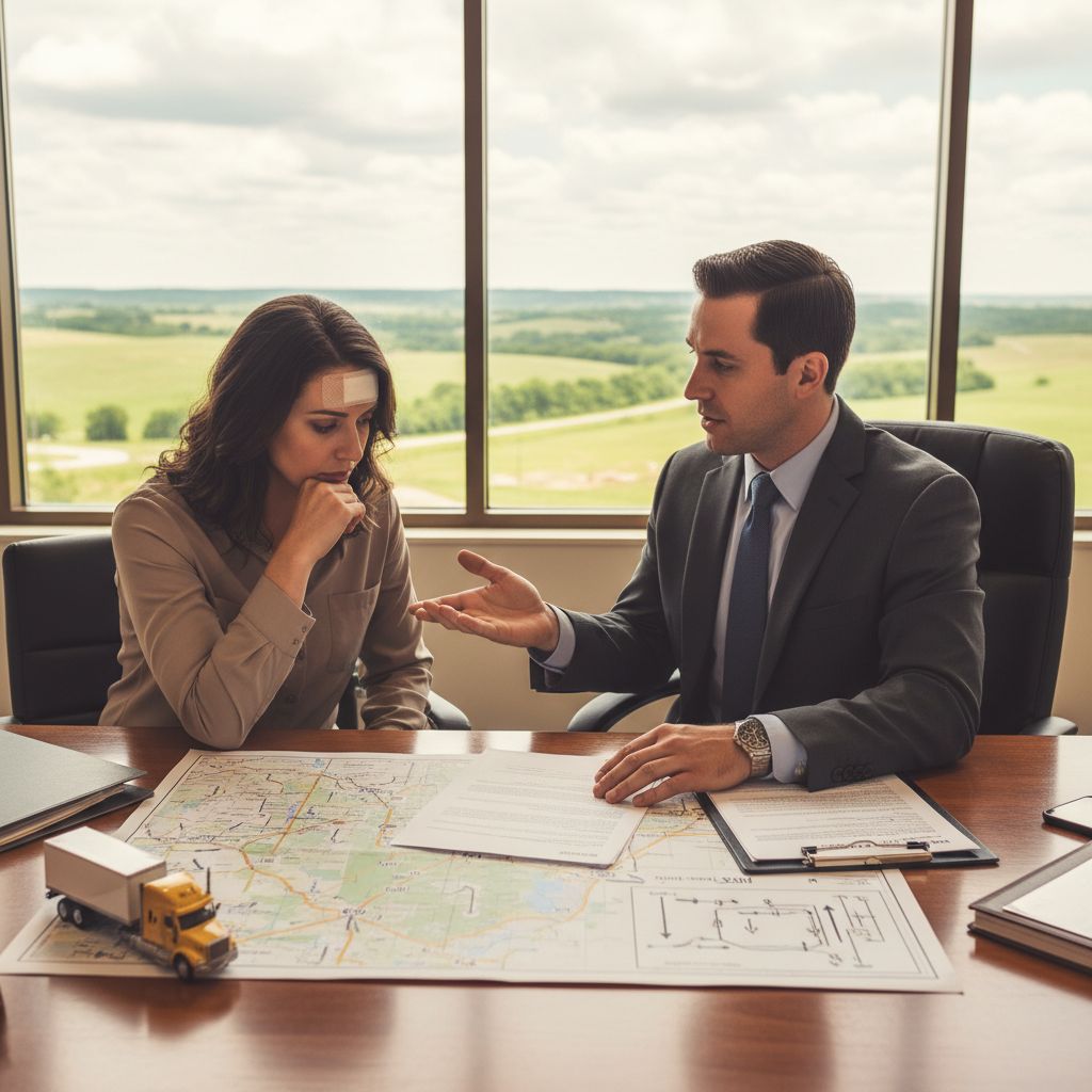 Compassionate lawyer consulting with car accident client in McAlester office, emphasizing trust and expertise.