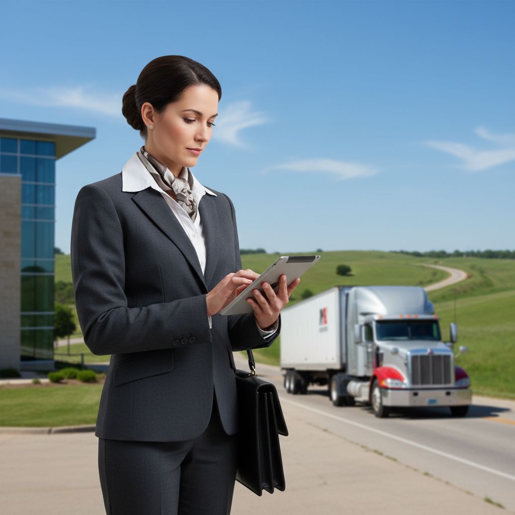 Professional photo of a confident truck accident attorney outside a courthouse in Southeast Oklahoma, with rural highway and semi-truck in background.