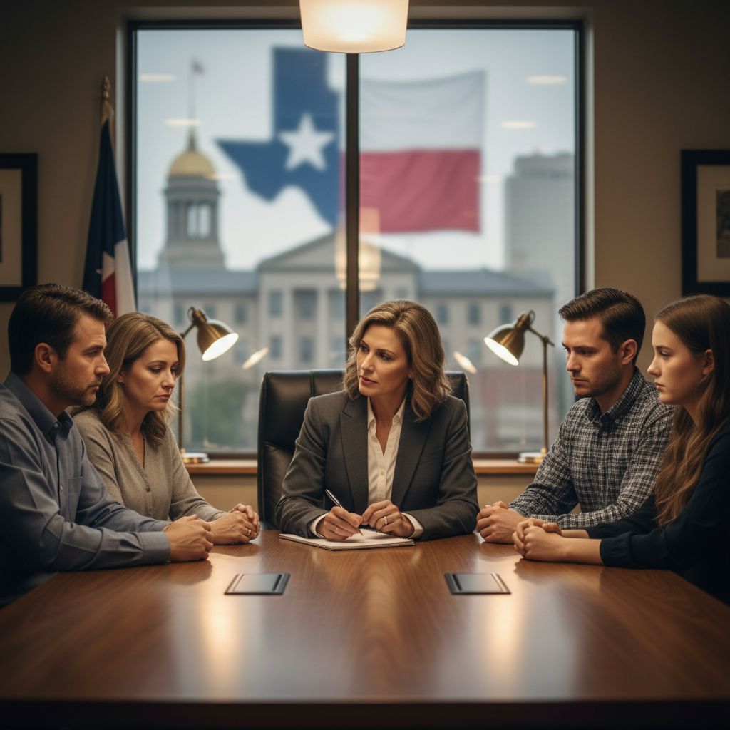 Compassionate attorney meeting with grieving family in modern office discussing wrongful death lawsuit in McKinney, Texas.