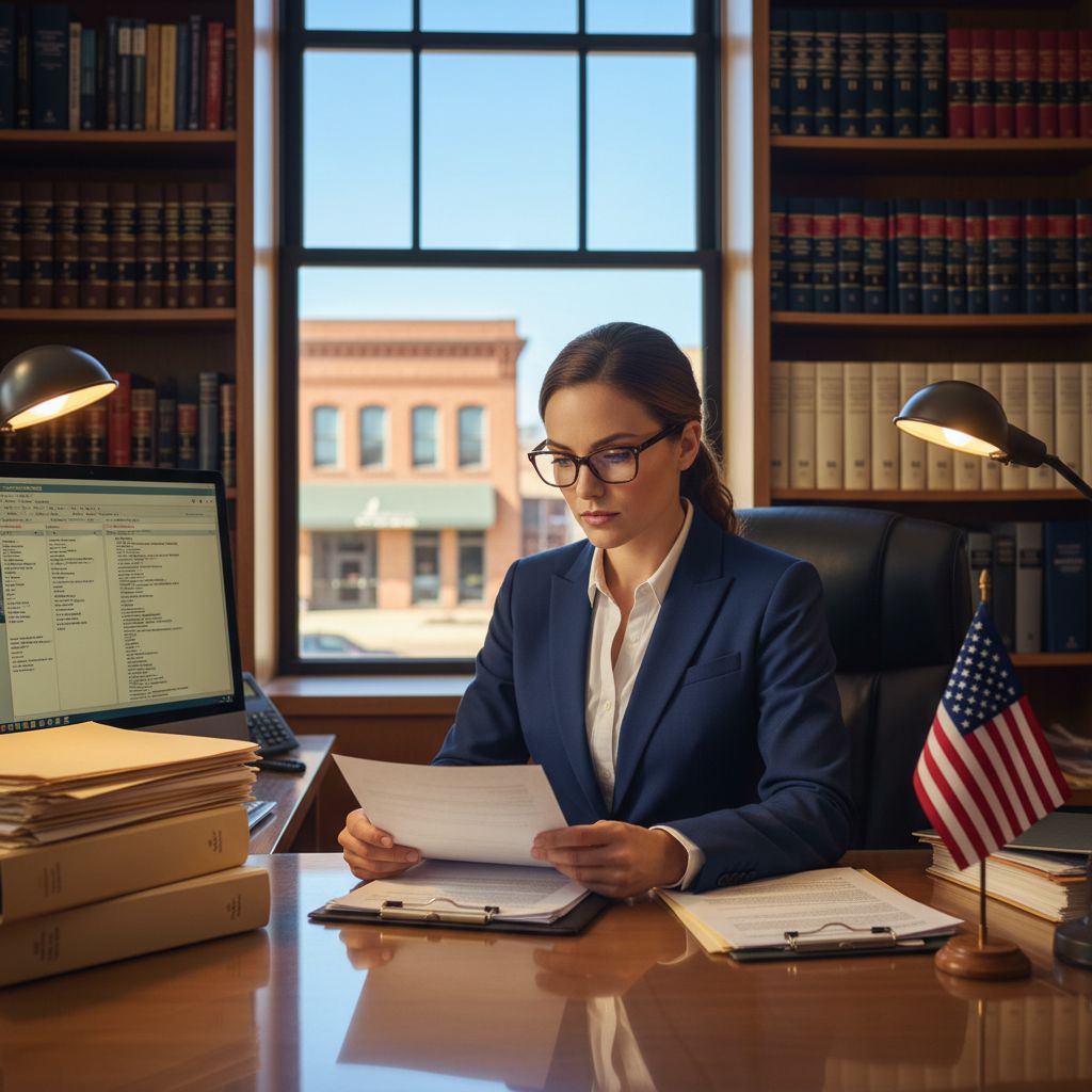 A confident consumer protection lawyer in a navy suit reviewing defective product documents at a desk in a modern McAlester law office, surrounded by legal books and a town view.