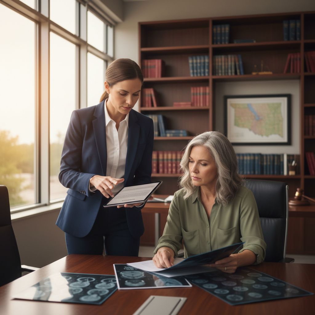 A female attorney and middle-aged female client discussing a pharmaceutical lawsuit in a modern law office, reviewing medical records and documents.