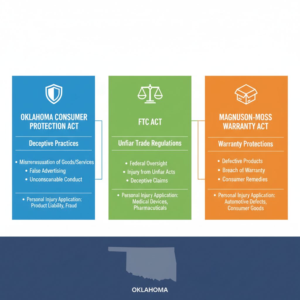 Infographic showing three panels on Oklahoma Consumer Protection Act, FTC Act, and Magnuson-Moss Warranty Act with icons and minimal labels for personal injury applications.