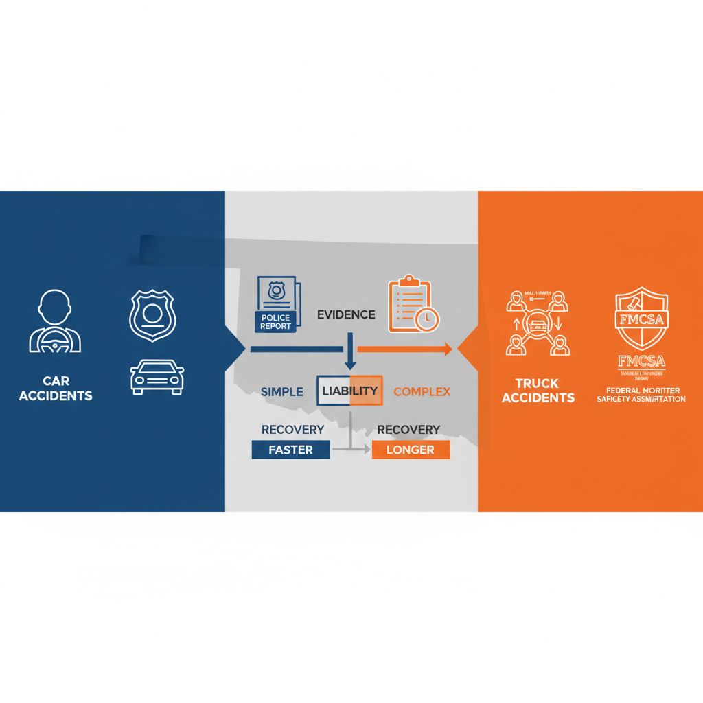 Infographic comparing car and truck accident claims in Oklahoma, showing differences in liability, evidence, and recovery with blue and orange icons.