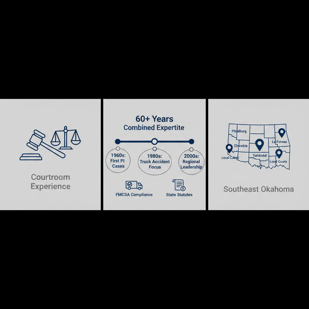 Infographic illustrating courtroom experience, 60+ years attorney expertise timeline, and Southeast Oklahoma counties map for truck accident litigation.