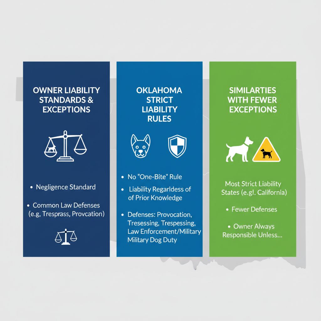 Infographic illustrating dog bite liability comparison between Oklahoma and other strict liability states, featuring columns on standards, rules, and exceptions with justice scales, dog, and warning icons.