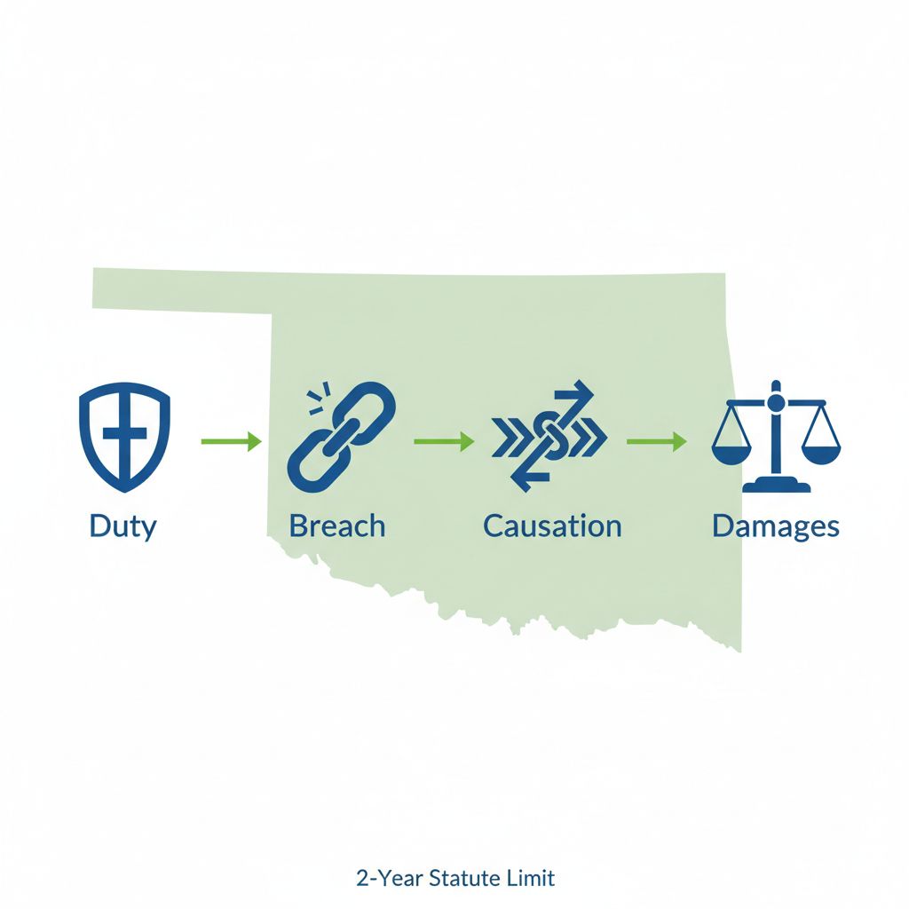 Infographic showing four connected icons representing elements of a medical malpractice claim: duty, breach, causation, and damages, with Oklahoma context.