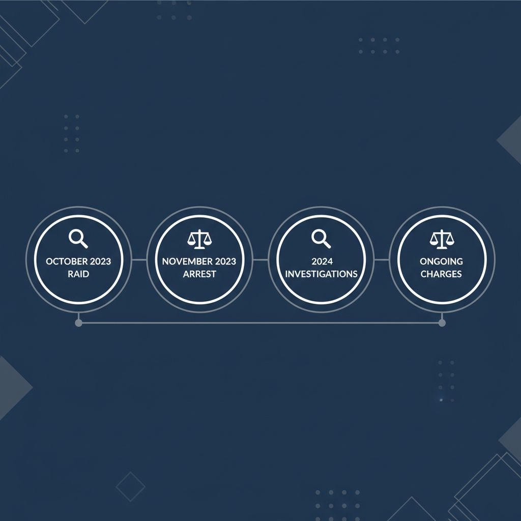Horizontal timeline graphic showing key events in the Return to Nature Funeral Home scandal with milestones, icons, and connections on a somber blue background.