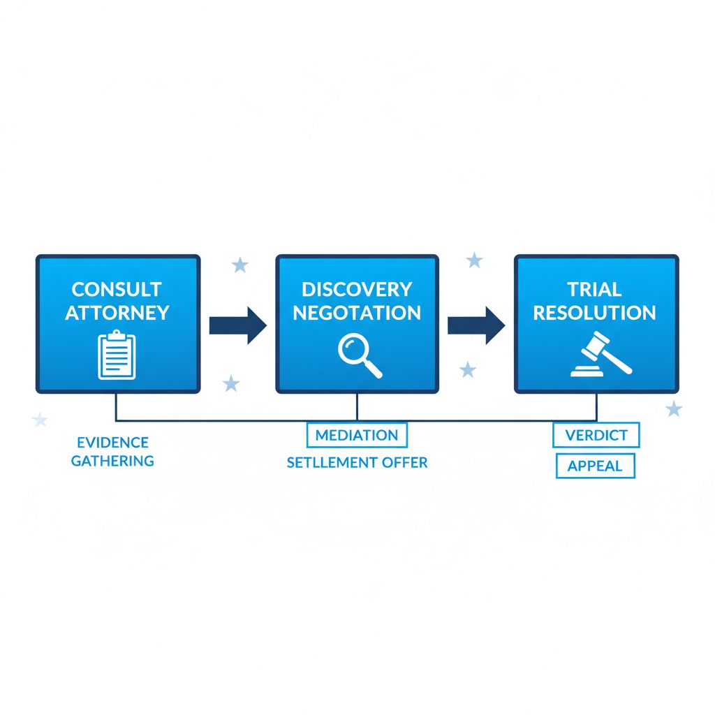 Horizontal process flow diagram illustrating the three main stages of a wrongful death lawsuit: consulting attorney, discovery and negotiation, and trial resolution.