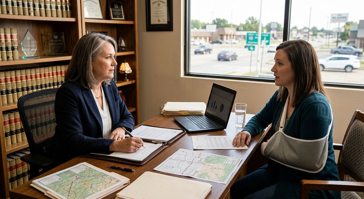 Professional photo of personal injury attorney consulting injured client in McAlester law office