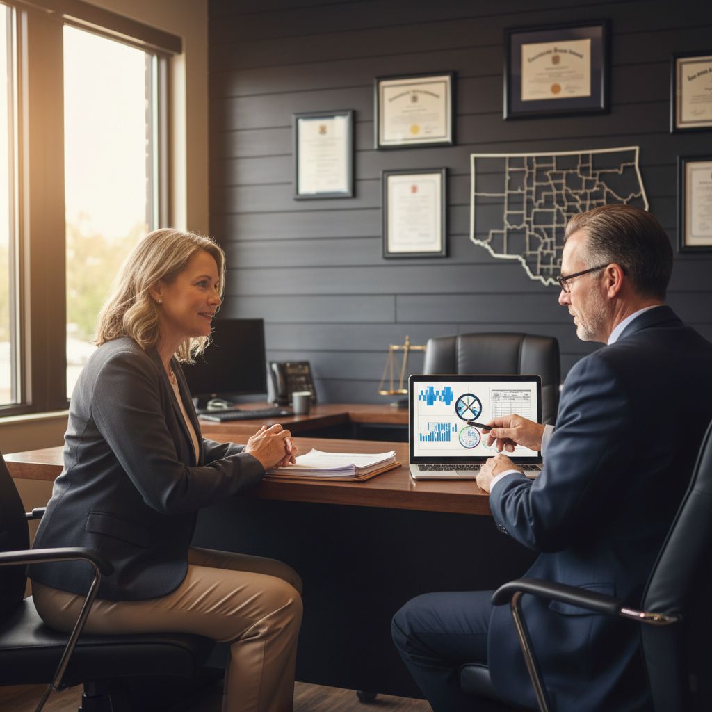 Professional consultation between car accident victim and attorney in modern McAlester law office, focusing on settlement documents and empathy.