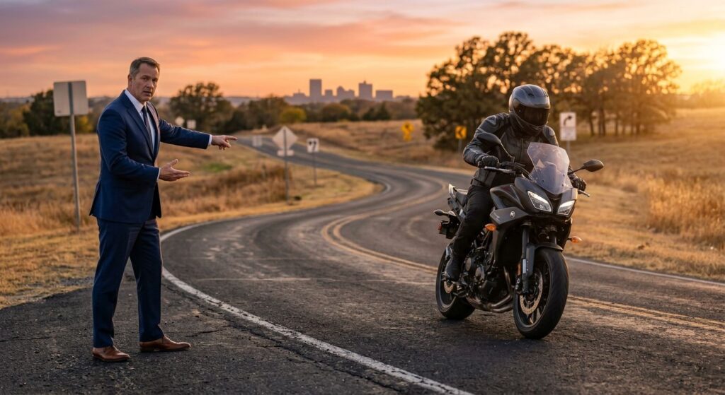 Skilled motorcycle rider navigating rural McAlester road at sunset with attorney providing guidance on hazards