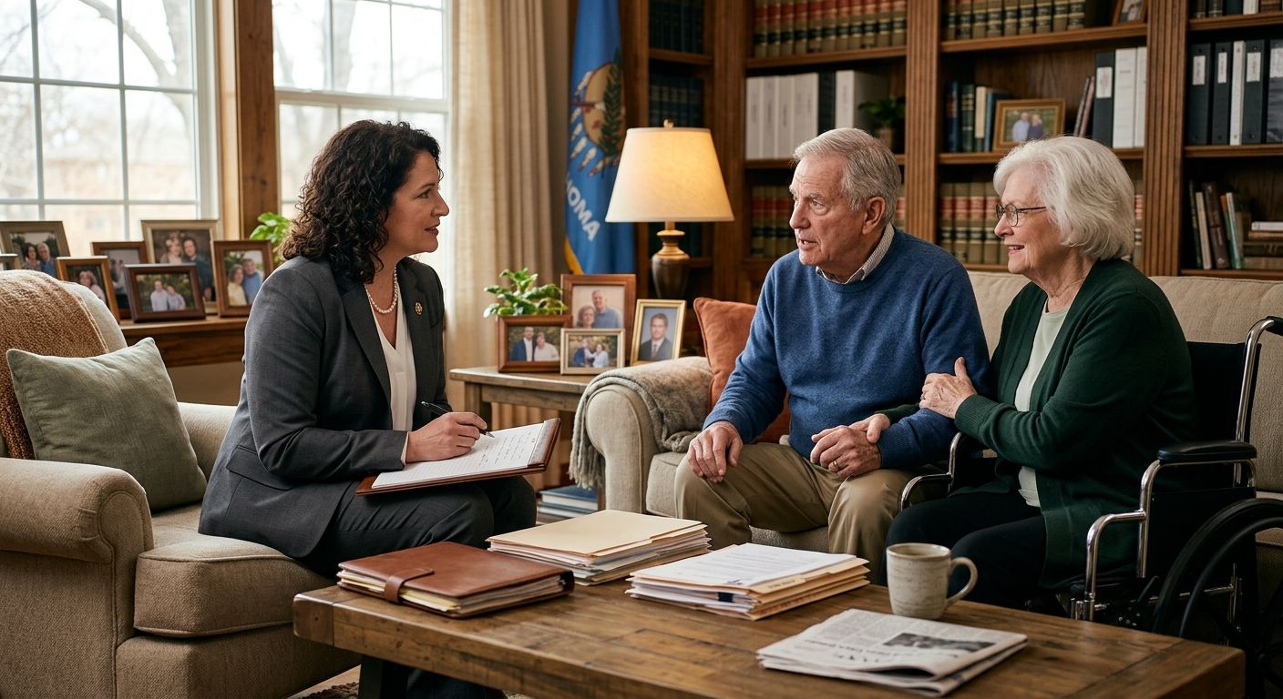 Professional image of attorney consulting with senior couple in cozy living room about nursing home abuse, evoking trust, empathy, and justice.
