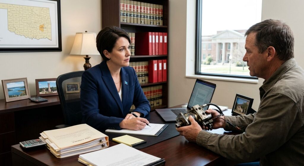 Professional photo of product liability attorney consulting with client over defective product in McAlester law office