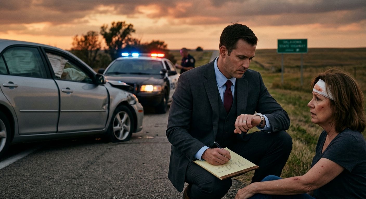 Attorney assisting injured driver at rural Oklahoma highway car accident scene at dusk with emergency lights and sunset.