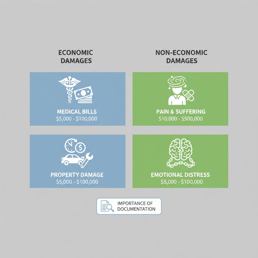 Infographic comparing economic damages like medical bills and lost wages in blue tones with ranges, and non-economic damages like pain and suffering in green tones with example amounts for Oklahoma car accident settlements.