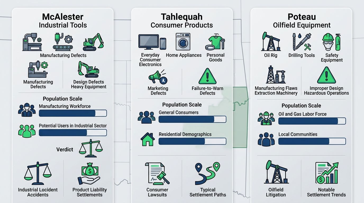 Infographic illustrating product liability landscape in McAlester, Tahlequah, and Poteau with regional icons and trend indicators