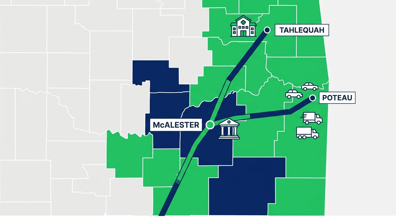 Infographic map of Stipe Law Firm personal injury service areas in Southeast Oklahoma, highlighting McAlester, Poteau, and Tahlequah with relevant icons.