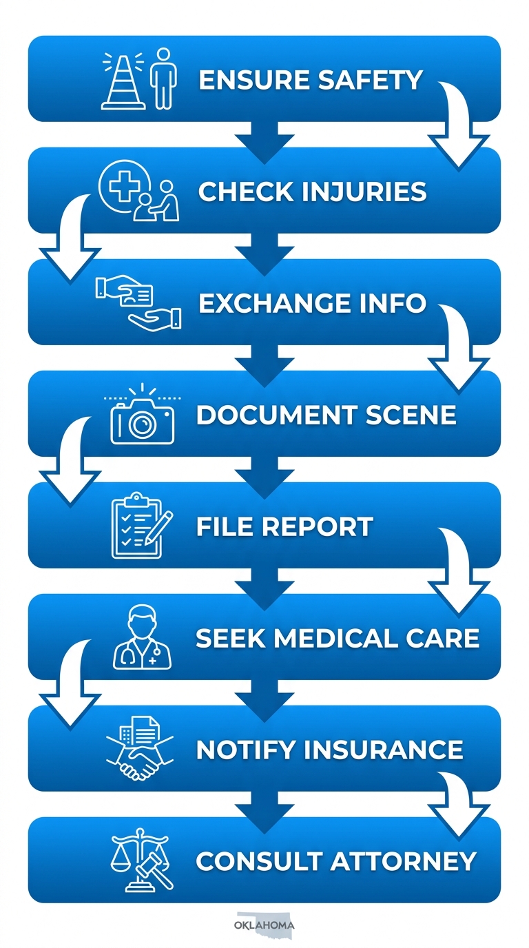 Vertical process flow diagram of eight key steps after a car accident in Oklahoma: ensure safety, check injuries, exchange info, document scene, file report, seek medical care, notify insurance, consult attorney.