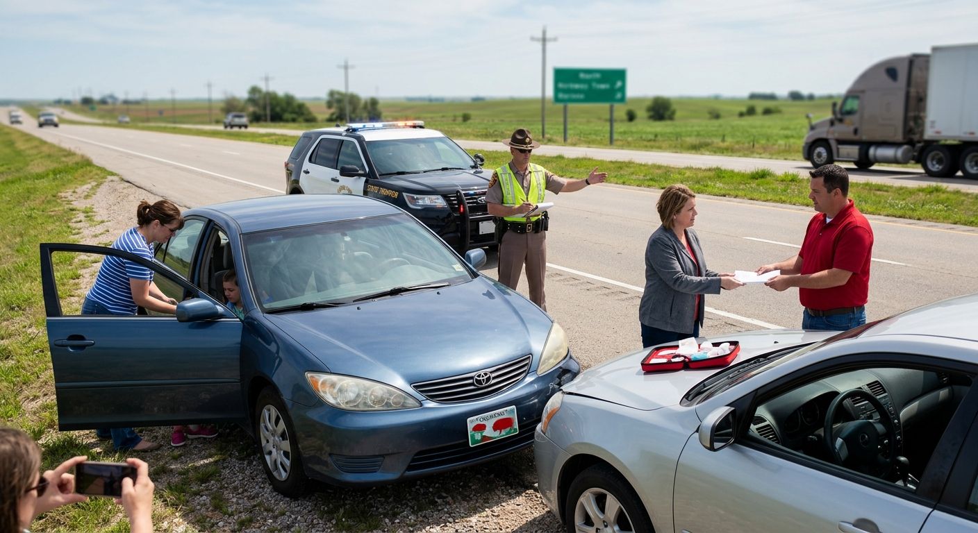 Scene of car accident aftermath on rural Oklahoma highway: drivers exchanging insurance, trooper assisting, safety measures in action.