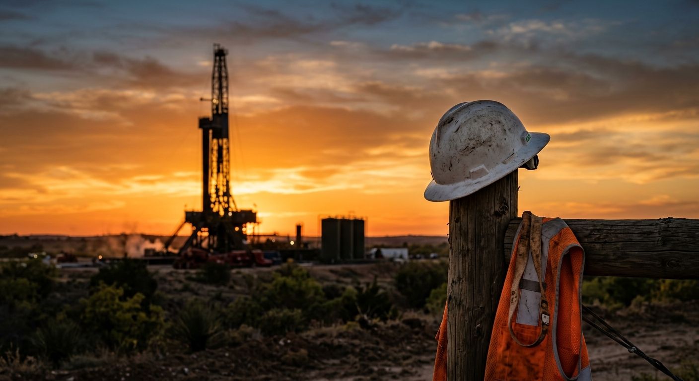 Oil field at sunset with hard hat and safety vest resting on a fence post, symbolizing workplace safety in Southeast Oklahoma.