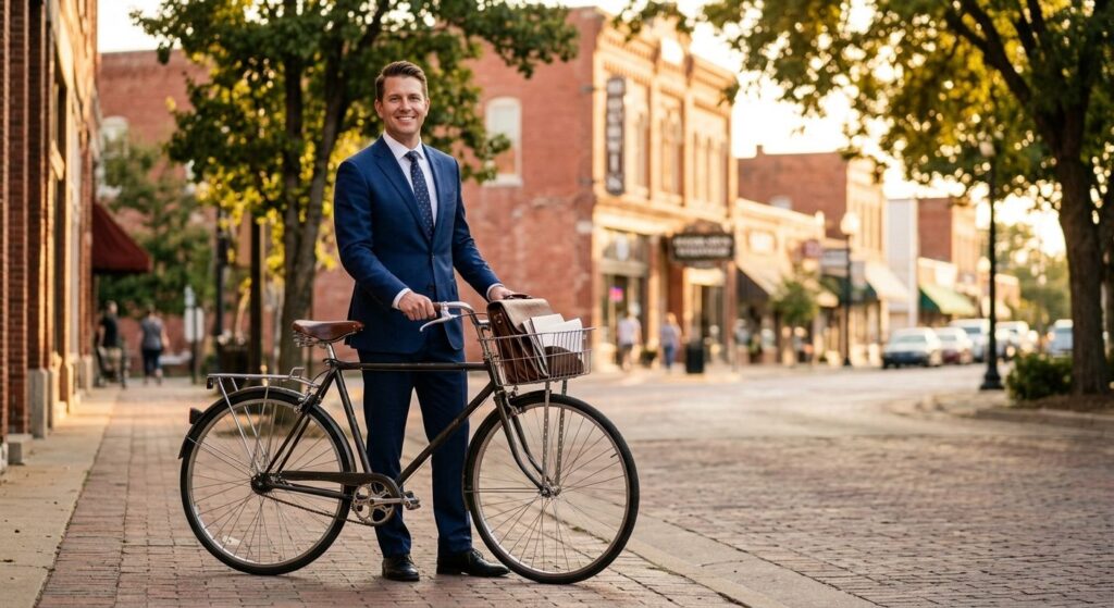 Abogado confiado junto a una bicicleta en una calle de McAlester, listo para defender a ciclistas lesionados