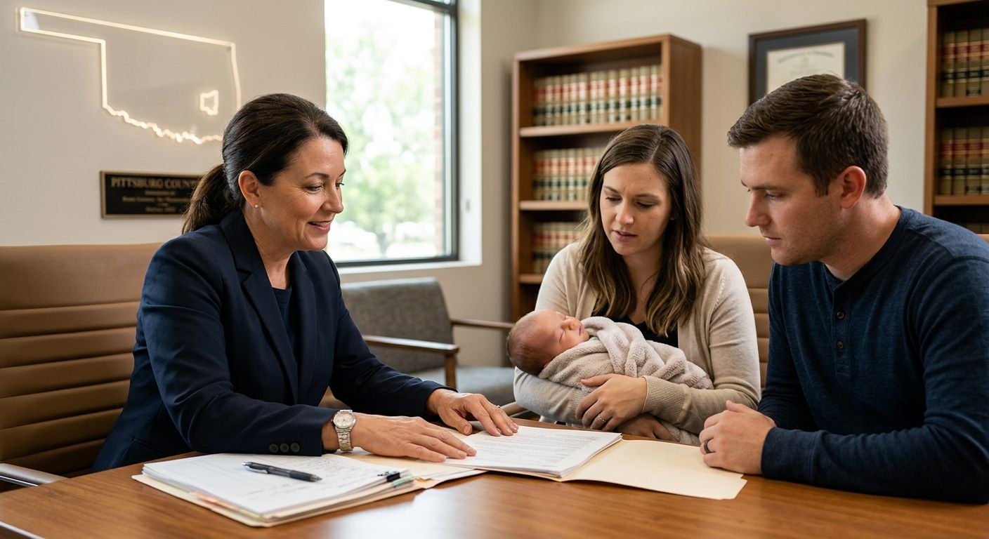 Compassionate birth injury attorney consulting with concerned parents and infant in modern McAlester law office