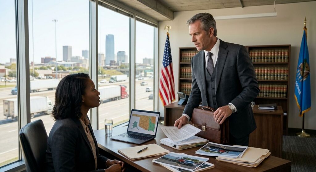 Professional trucking accident lawyer consulting with client in modern Oklahoma law office overlooking highway