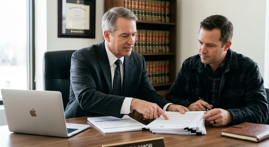 Workers' compensation attorney in business suit reviewing settlement documents with a client at a modern desk, natural window light, conveying trust and expertise.