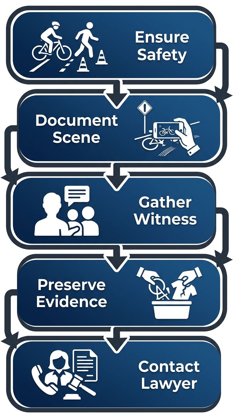 Five-step vertical process flow showing essential actions to take immediately after a bicycle accident, with icons and labels for safety, documentation, witnesses, evidence, and legal contact.