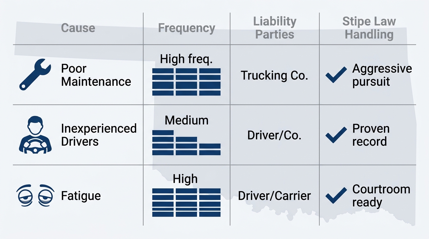 Infographic comparing common causes of trucking accidents in Oklahoma including poor maintenance, inexperienced drivers, and fatigue with frequencies, liable parties, and Stipe Law Firm handling strategies.