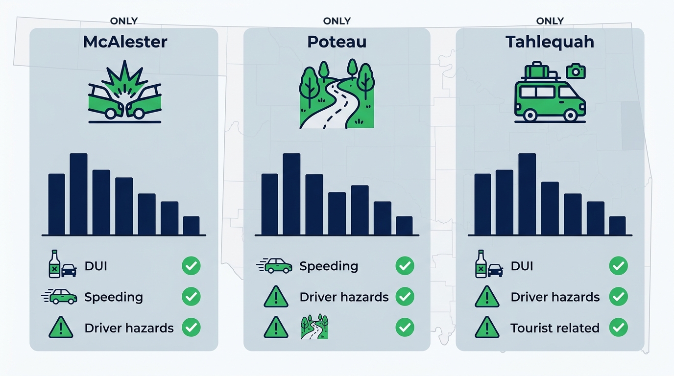 Infographic comparing car accident statistics and trends in Southeast Oklahoma regions McAlester, Poteau, and Tahlequah with icons, relative bar charts, cause symbols, and legal service checkmarks.