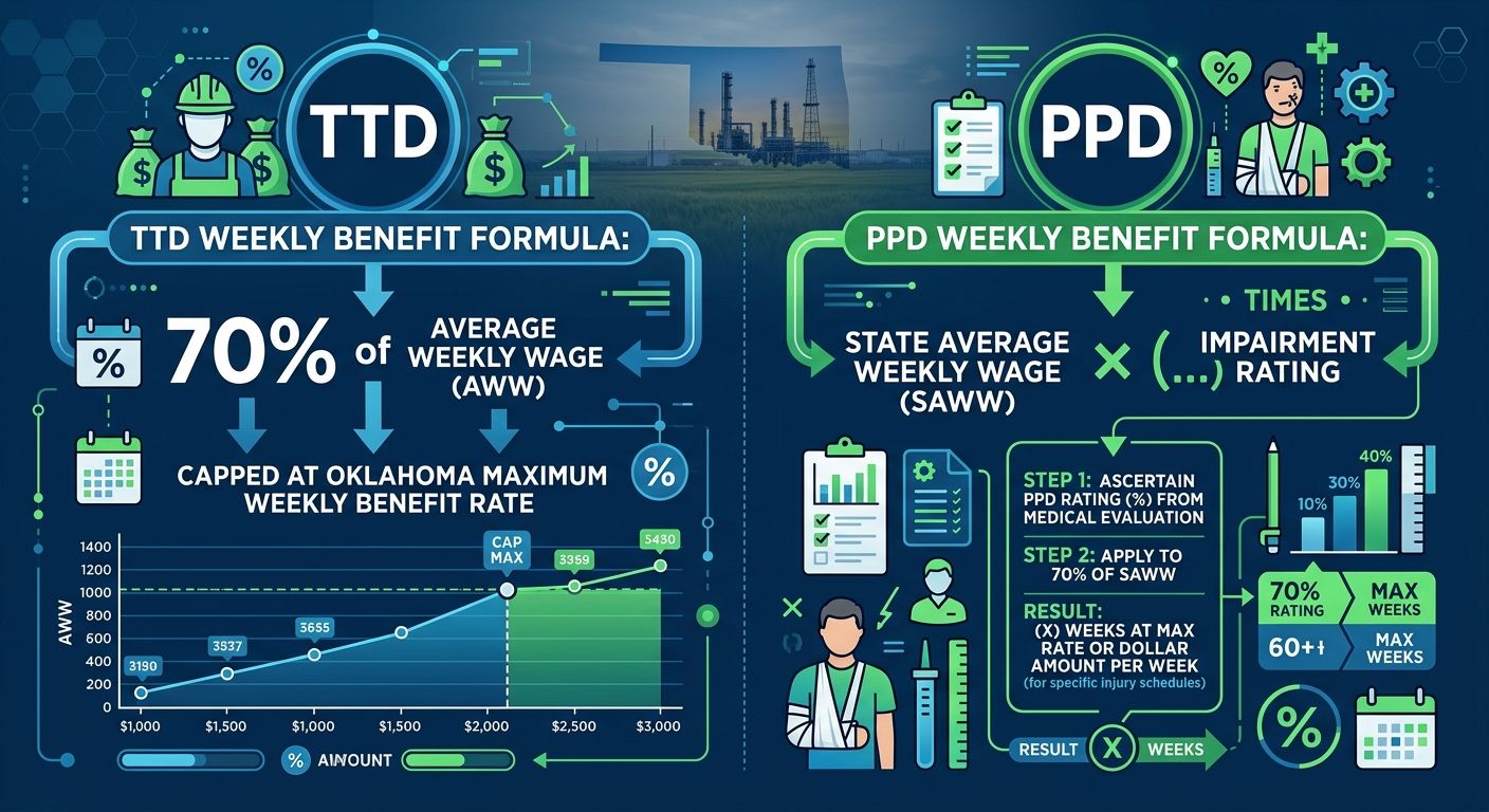 Infographic showing Oklahoma workers' compensation weekly benefit rates for 2026 with Temporary Total Disability and Permanent Partial Disability formulas.