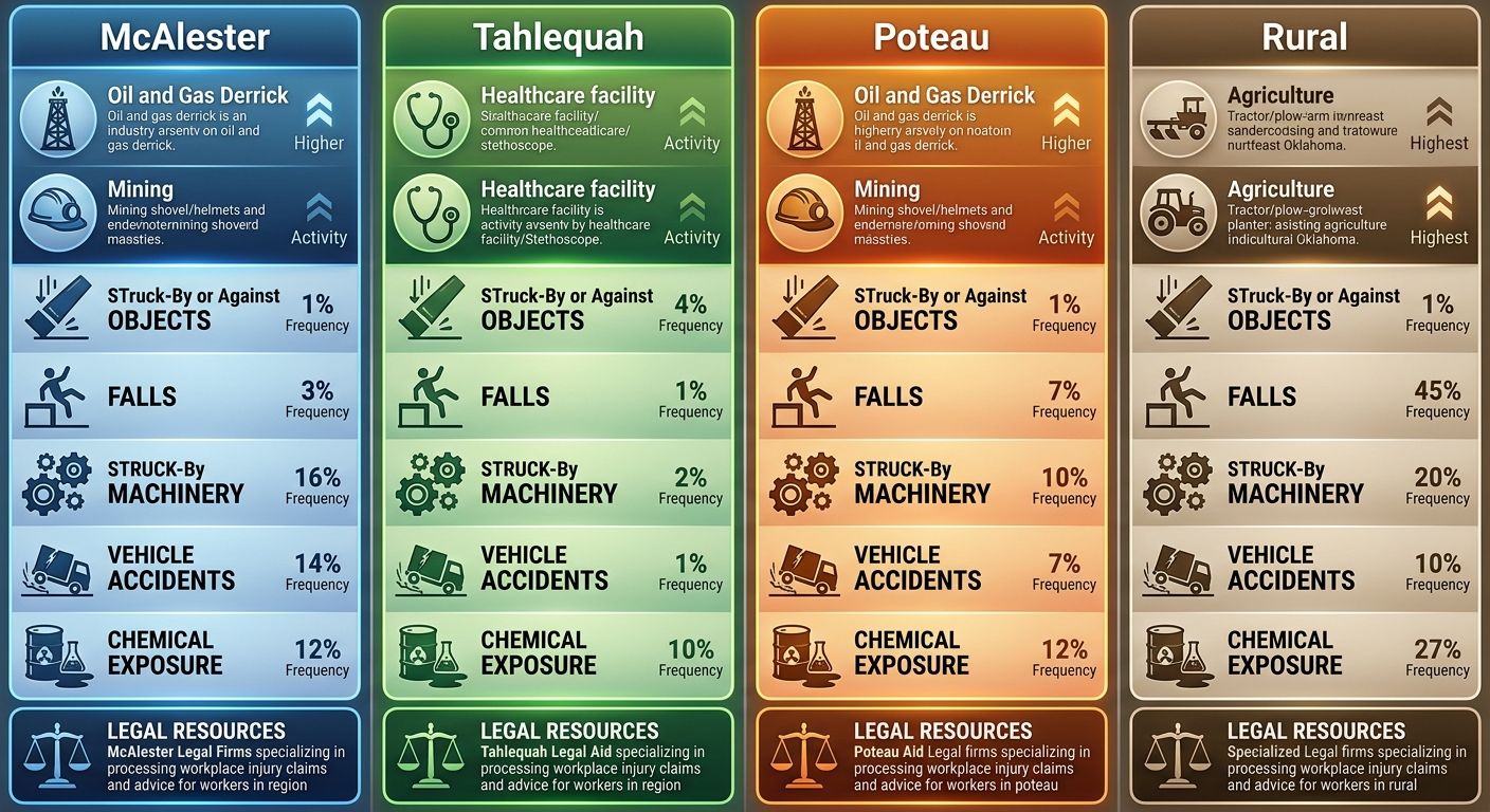 Infographic comparing workplace injury risks across McAlester, Tahlequah, Poteau, and rural Southeast Oklahoma with industry icons, injury types, and legal resources.