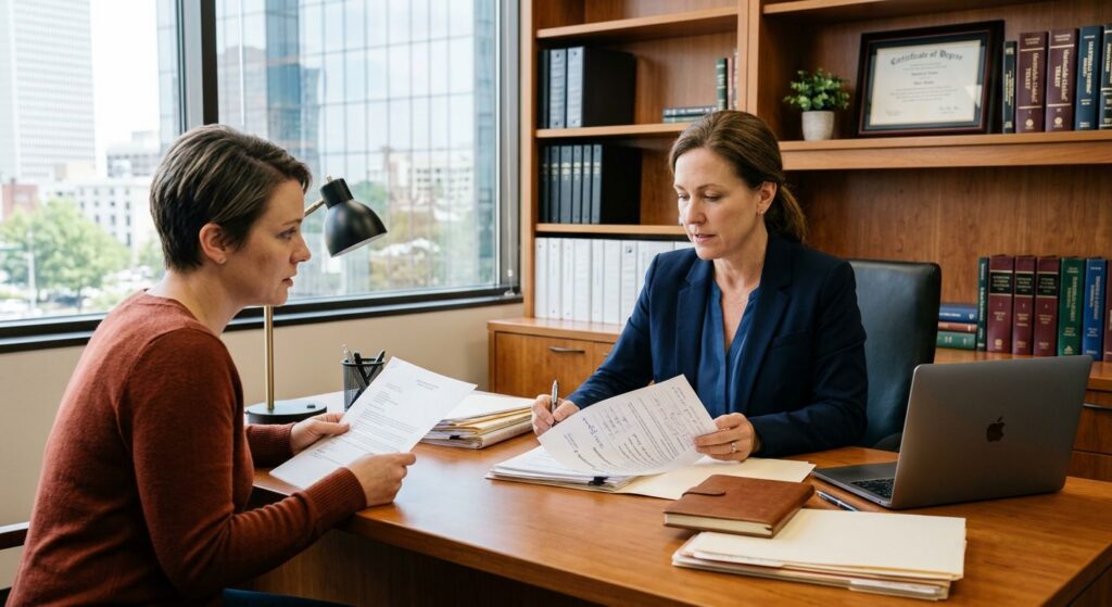 Oklahoma attorney reviewing insurance denial letter with concerned client in modern law office, conveying trust and advocacy.