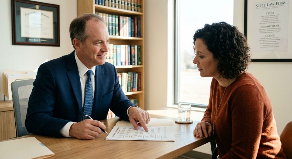 Compassionate attorney in navy suit reviewing a document with a client at a modern desk, conveying trust and transparency