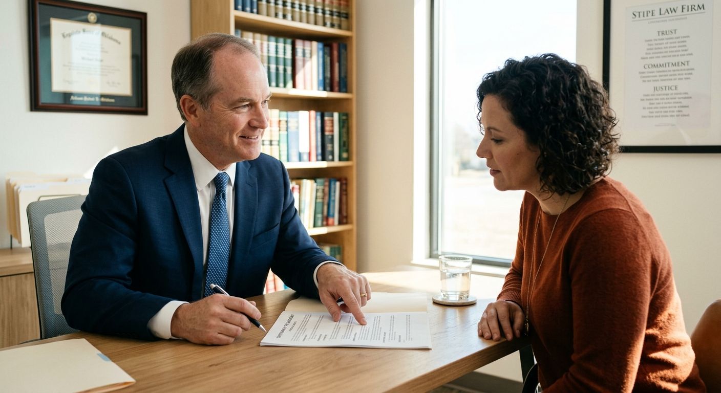 Compassionate attorney in navy suit reviewing a document with a client at a modern desk, conveying trust and transparency