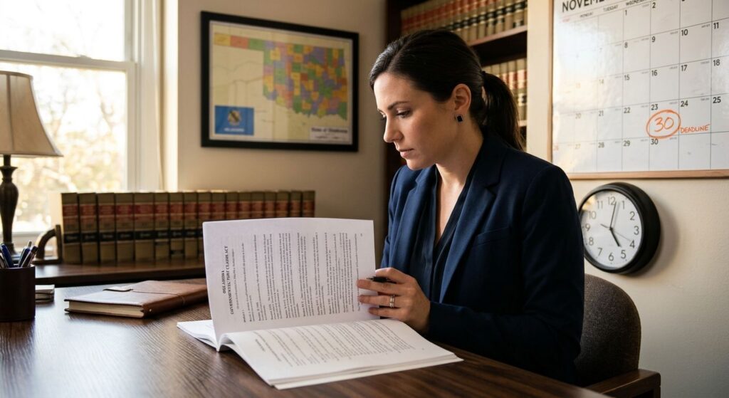 A professional photograph of an attorney reviewing a legal document with a calendar and clock in the background, emphasizing urgency and preparation.