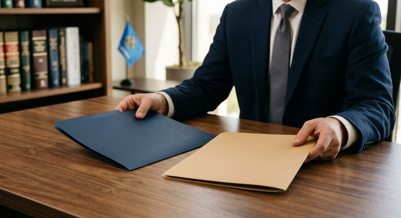 Stipe Law Firm attorney holding two folders on a wooden desk in a modern office, with legal books and Oklahoma flag in background, symbolizing workers compensation vs personal injury decision.
