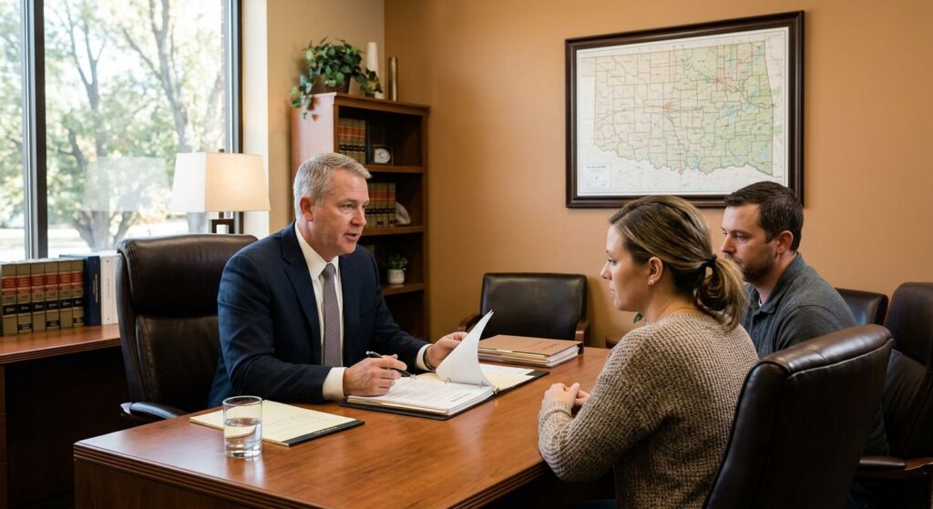 Personal injury attorney consulting with a client in a modern McAlester office, with a framed map of Southeast Oklahoma on the wall and legal documents on the desk, warm professional atmosphere