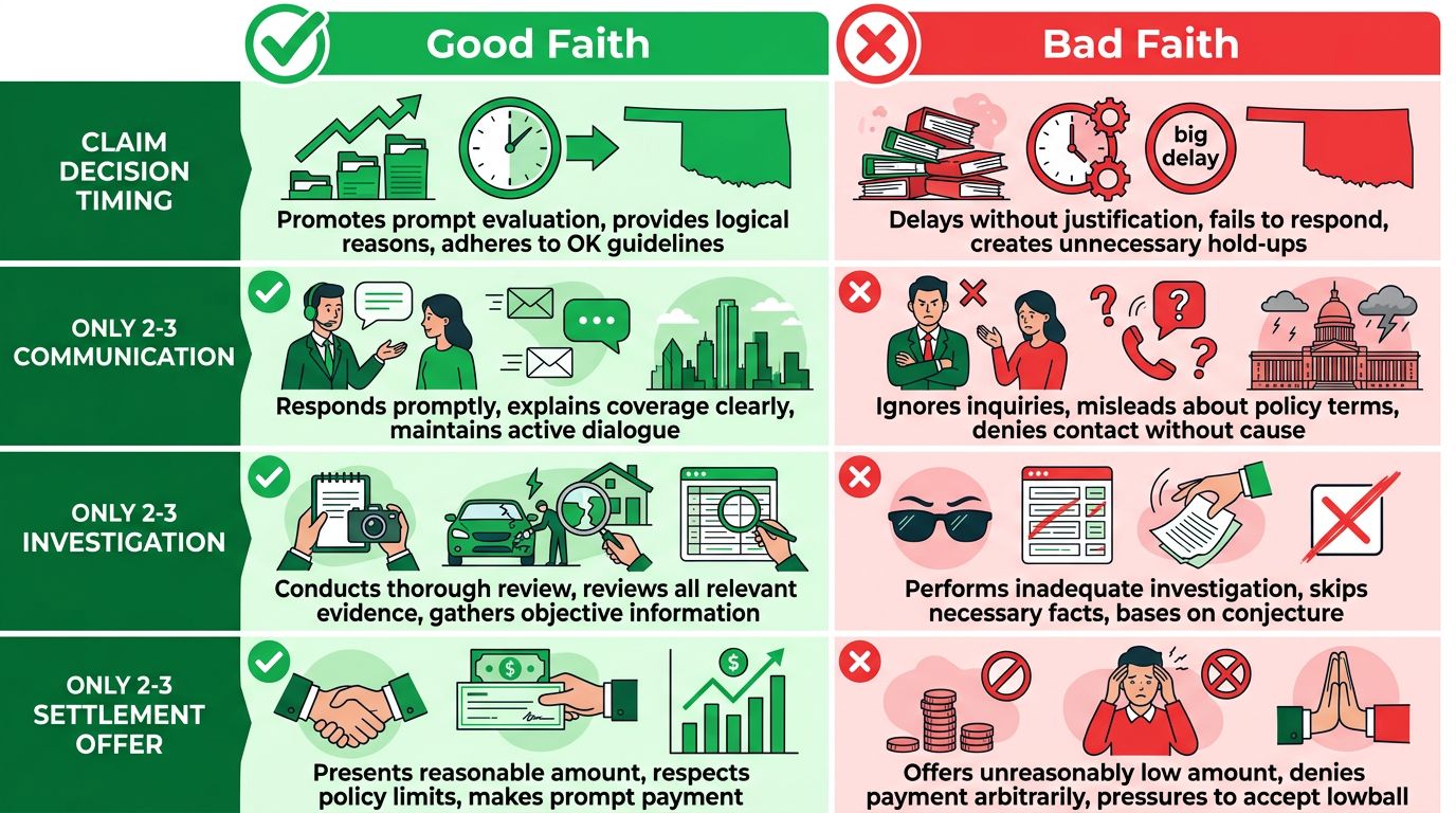 Infographic comparing good faith and bad faith insurance practices with columns for claim decision timing, communication, investigation, and settlement offer.