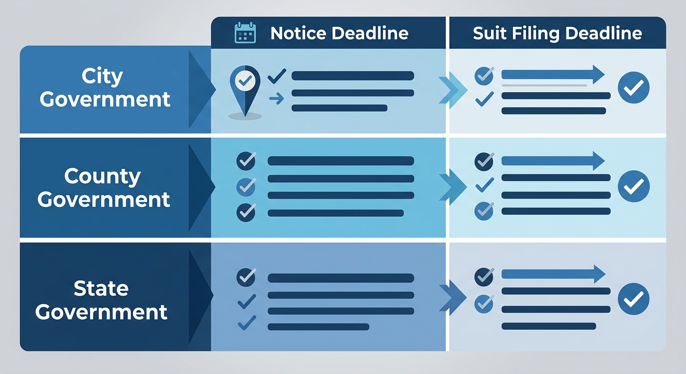 Infographic comparing notice and lawsuit filing deadlines for Oklahoma city, county, and state government entities with checkmarks and arrows indicating timing