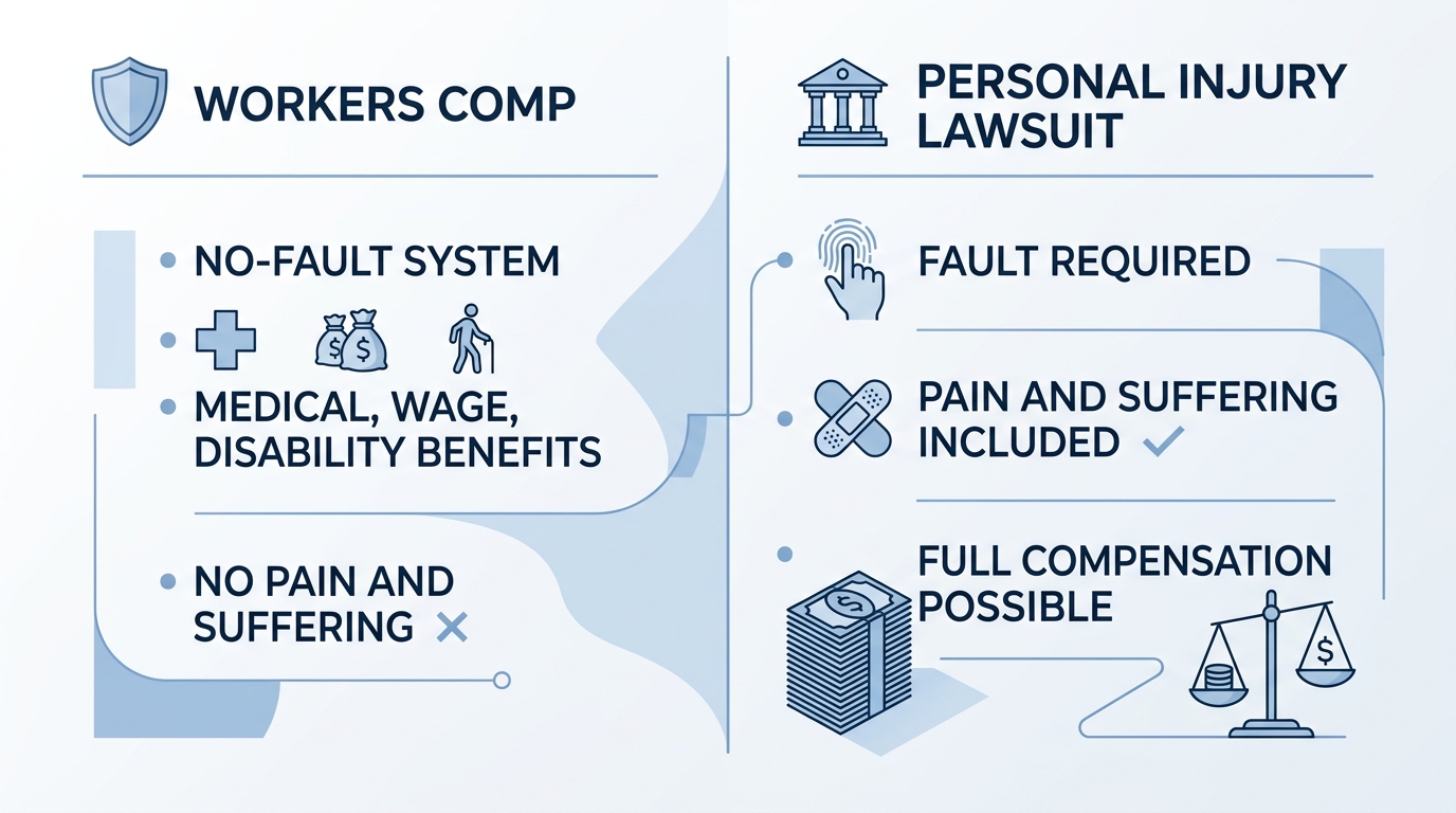 Split-screen infographic comparing workers' compensation and personal injury claims with shield and courthouse icons in subtle blue and white branding, listing key differences between no-fault and fault-based systems.